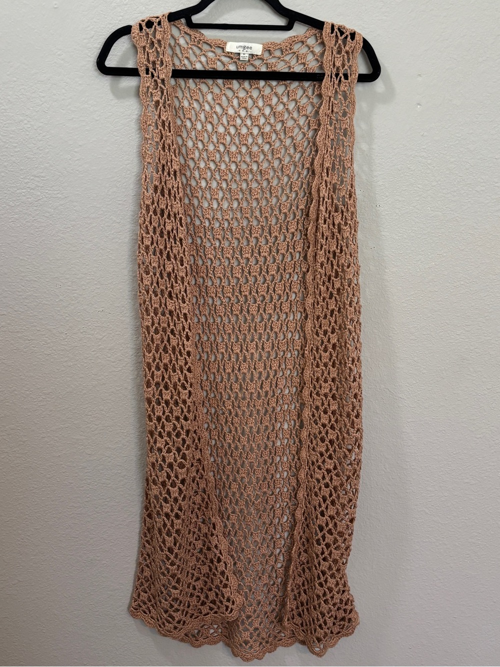 Umgee Tan Boho Open Knit Crochet Duster Vest Long Cardigan Size Medium